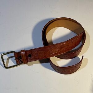Vintage Tooled Leather Belt with Brass Buckle-Snaps to change buckle